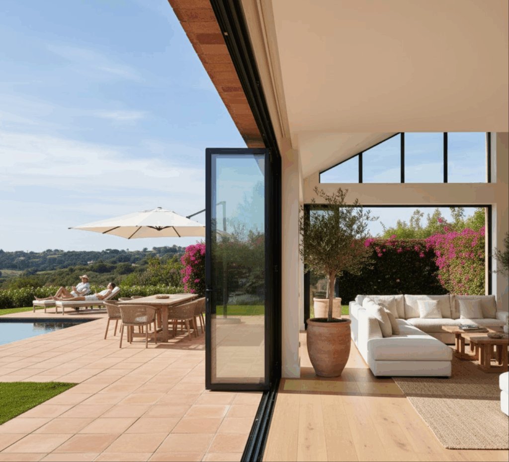 Luxury modern home interior with large glass doors leading to outdoor patio and garden, showcasing stylish living space.