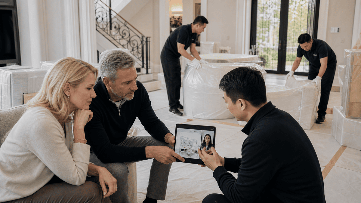 International homeowners coordinating protected luxury villa furniture delivery with Chinese sourcing support